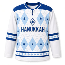 Load image into Gallery viewer, Sapphire Argyle Star Hanukkah Hockey Jersey in Snow Argyle, front view – custom name and number