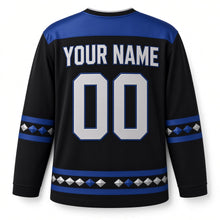 Load image into Gallery viewer, Sapphire Gemstone Star Hanukkah Hockey Jersey in Gemstone Black, back view with your name and number