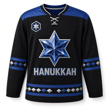 Load image into Gallery viewer, Sapphire Gemstone Star Hanukkah Hockey Jersey in Gemstone Black, front view – custom name and number