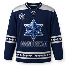 Load image into Gallery viewer, Sapphire Gemstone Star Hanukkah Hockey Jersey in Gemstone Navy, front view – custom name and number