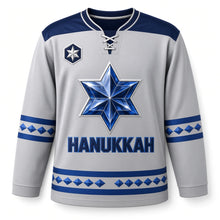 Load image into Gallery viewer, Sapphire Gemstone Star Hanukkah Hockey Jersey in Gemstone Silver, front view – custom name and number