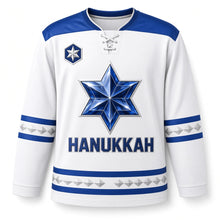 Load image into Gallery viewer, Sapphire Gemstone Star Hanukkah Hockey Jersey in Gemstone White, front view – custom name and number