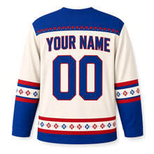 Load image into Gallery viewer, Scandinavian Folk Dreidel Hanukkah Hockey Jersey in Folk Cream, back view with your name and number