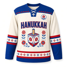 Load image into Gallery viewer, Scandinavian Folk Dreidel Hanukkah Hockey Jersey in Folk Cream, front view – custom name and number