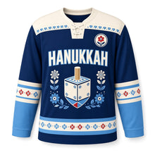 Load image into Gallery viewer, Scandinavian Folk Dreidel Hanukkah Hockey Jersey in Folk Navy, front view – custom name and number