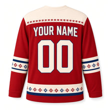 Load image into Gallery viewer, Scandinavian Folk Dreidel Hanukkah Hockey Jersey in Folk Red, back view with your name and number
