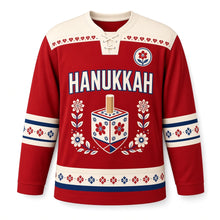 Load image into Gallery viewer, Scandinavian Folk Dreidel Hanukkah Hockey Jersey in Folk Red, front view – custom name and number