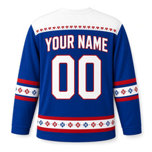 Load image into Gallery viewer, Scandinavian Folk Dreidel Hanukkah Hockey Jersey in Folk Royal, back view with your name and number