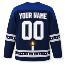Load image into Gallery viewer, Shamash Spotlight Hanukkah Hockey Jersey in Spotlight Navy, back view with your name and number