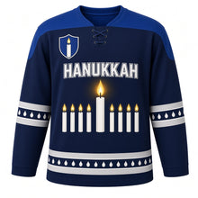 Load image into Gallery viewer, Shamash Spotlight Hanukkah Hockey Jersey in Spotlight Navy, front view – custom name and number
