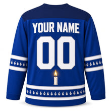 Load image into Gallery viewer, Shamash Spotlight Hanukkah Hockey Jersey in Spotlight Royal, back view with your name and number