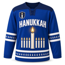 Load image into Gallery viewer, Shamash Spotlight Hanukkah Hockey Jersey in Spotlight Royal, front view – custom name and number