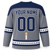 Load image into Gallery viewer, Shamash Spotlight Hanukkah Hockey Jersey in Spotlight Steel, back view with your name and number