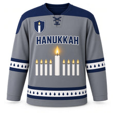 Load image into Gallery viewer, Shamash Spotlight Hanukkah Hockey Jersey in Spotlight Steel, front view – custom name and number