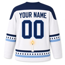 Load image into Gallery viewer, Shamash Spotlight Hanukkah Hockey Jersey in Spotlight White, back view with your name and number