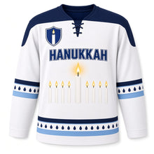 Load image into Gallery viewer, Shamash Spotlight Hanukkah Hockey Jersey in Spotlight White, front view – custom name and number