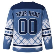 Load image into Gallery viewer, Shibori Indigo Star Hanukkah Hockey Jersey in Shibori Denim, back view with your name and number