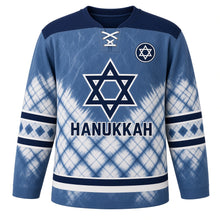 Load image into Gallery viewer, Shibori Indigo Star Hanukkah Hockey Jersey in Shibori Denim, front view – custom name and number