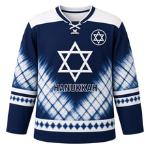 Load image into Gallery viewer, Shibori Indigo Star Hanukkah Hockey Jersey in Shibori Indigo, front view – custom name and number