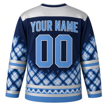 Load image into Gallery viewer, Shibori Indigo Star Hanukkah Hockey Jersey in Shibori Navy, back view with your name and number