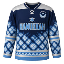 Load image into Gallery viewer, Shibori Indigo Star Hanukkah Hockey Jersey in Shibori Navy, front view – custom name and number