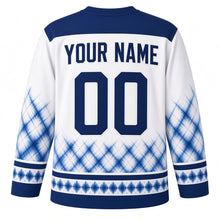 Load image into Gallery viewer, Shibori Indigo Star Hanukkah Hockey Jersey in Shibori White, back view with your name and number