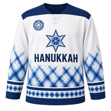 Load image into Gallery viewer, Shibori Indigo Star Hanukkah Hockey Jersey in Shibori White, front view – custom name and number