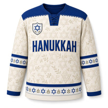 Load image into Gallery viewer, Silver Damask Star Hanukkah Hockey Jersey in Damask Ivory, front view – custom name and number