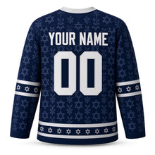 Load image into Gallery viewer, Silver Damask Star Hanukkah Hockey Jersey in Damask Navy, back view with your name and number