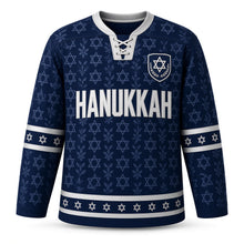 Load image into Gallery viewer, Silver Damask Star Hanukkah Hockey Jersey in Damask Navy, front view – custom name and number