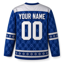 Load image into Gallery viewer, Silver Damask Star Hanukkah Hockey Jersey in Damask Royal, back view with your name and number
