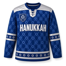 Load image into Gallery viewer, Silver Damask Star Hanukkah Hockey Jersey in Damask Royal, front view – custom name and number