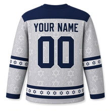 Load image into Gallery viewer, Silver Damask Star Hanukkah Hockey Jersey in Damask Silver, back view with your name and number