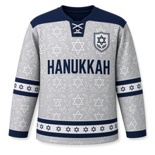 Load image into Gallery viewer, Silver Damask Star Hanukkah Hockey Jersey in Damask Silver, front view – custom name and number