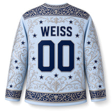 Load image into Gallery viewer, Silver Filigree Menorah Hanukkah Hockey Jersey in Ice Blue, back view with your name and number