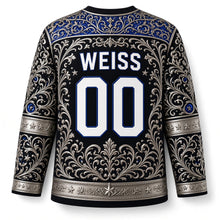 Load image into Gallery viewer, Silver Filigree Menorah Hanukkah Hockey Jersey in Onyx Silver, back view with your name and number