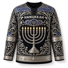 Load image into Gallery viewer, Silver Filigree Menorah Hanukkah Hockey Jersey in Onyx Silver, front view – custom name and number