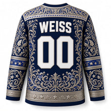 Load image into Gallery viewer, Silver Filigree Menorah Hanukkah Hockey Jersey in Sapphire Silver, back view with your name and number