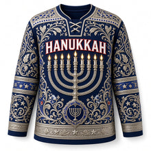 Load image into Gallery viewer, Silver Filigree Menorah Hanukkah Hockey Jersey in Sapphire Silver, front view – custom name and number