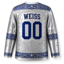 Load image into Gallery viewer, Silver Filigree Menorah Hanukkah Hockey Jersey in Sterling, back view with your name and number