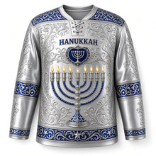 Load image into Gallery viewer, Silver Filigree Menorah Hanukkah Hockey Jersey in Sterling, front view – custom name and number