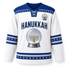 Load image into Gallery viewer, Snow Globe Menorah Hanukkah Hockey Jersey in Globe Frost White, front view with a nine-candle menorah in a snow globe – custom name and number
