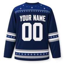 Load image into Gallery viewer, Snow Globe Menorah Hanukkah Hockey Jersey in Globe Midnight, back view with your name and number