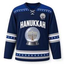 Load image into Gallery viewer, Snow Globe Menorah Hanukkah Hockey Jersey in Globe Midnight, front view with a nine-candle menorah in a snow globe – custom name and number