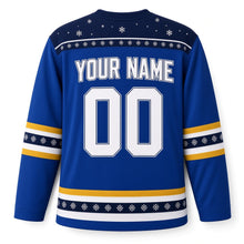 Load image into Gallery viewer, Snow Globe Menorah Hanukkah Hockey Jersey in Globe Royal, back view with your name and number