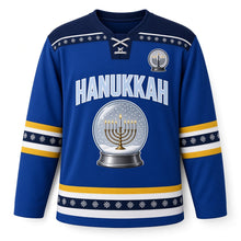 Load image into Gallery viewer, Snow Globe Menorah Hanukkah Hockey Jersey in Globe Royal, front view with a nine-candle menorah in a snow globe – custom name and number