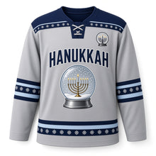 Load image into Gallery viewer, Snow Globe Menorah Hanukkah Hockey Jersey in Globe Silver, front view with a nine-candle menorah in a snow globe – custom name and number