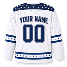 Load image into Gallery viewer, Snowfall Star Yoke Hanukkah Hockey Jersey in Yoke Frost White, back view with your name and number