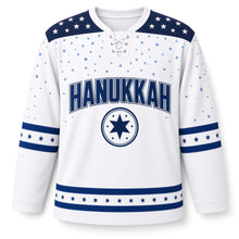 Load image into Gallery viewer, Snowfall Star Yoke Hanukkah Hockey Jersey in Yoke Frost White, front view – custom name and number