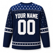 Load image into Gallery viewer, Snowfall Star Yoke Hanukkah Hockey Jersey in Yoke Midnight Snow, back view with your name and number